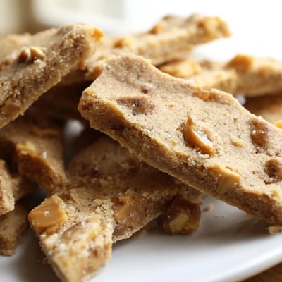 Crispy espresso shortbread cookies flecked with toffee bits arranged beside a steaming mug of coffee