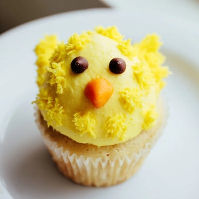 Adorable Easter Chick Cupcakes with coconut feathers chocolate chip eyes and orange candy beaks arranged on pastel plates