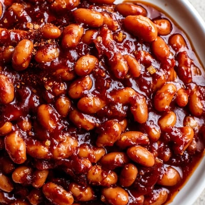 Quick barbecued beans served in a rustic dish with fresh herbs