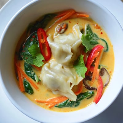 Creamy Thai dumpling soup with tender wontons floating in golden coconut curry broth