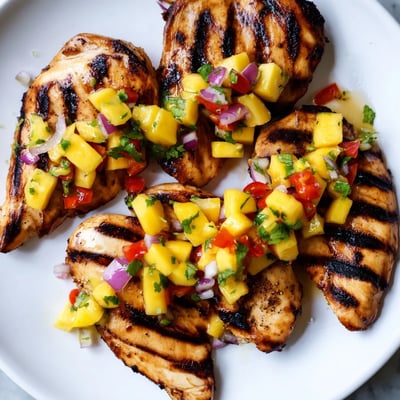 Juicy honey lime chicken topped with colorful mango salsa and fresh cilantro