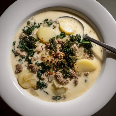 Steaming bowl of Zuppa Toscana soup topped with crusty bread for dipping
