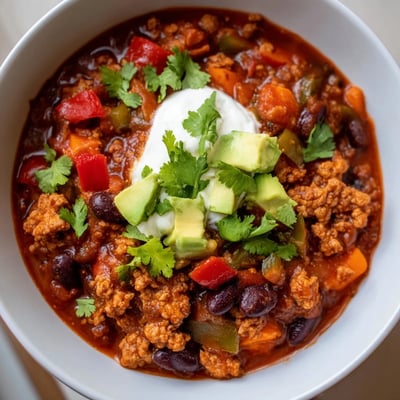Hearty diabetic chili recipe loaded with beans peppers and lean ground turkey