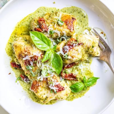 Golden seared Marry Me Chicken Pesto smothered in velvety basil cream sauce