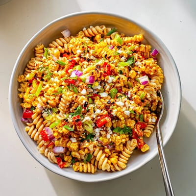 Smoky grilled corn kernels tossed through a vibrant elote street corn pasta salad