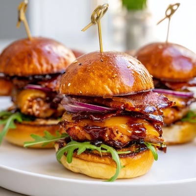 Crispy bacon and sticky maple glazed chicken sliders topped with melted cheese